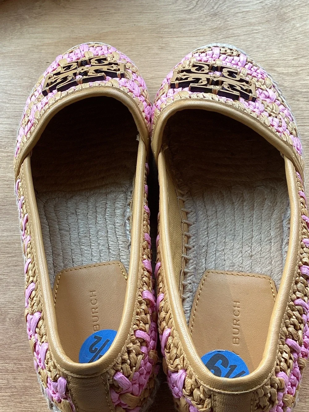 Tory Burch Pink and Natural Woven Espadrille Loafers with Logo Plaque